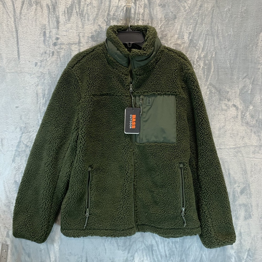 Bass Outdoor Men's Sherpa Jacket L Green Full Zip Insulated Fleece Pockets